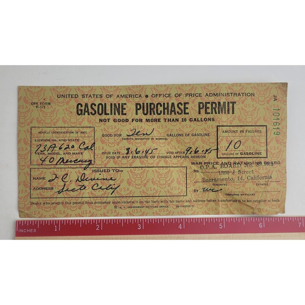 Vtg 1945 US Gasoline Purchase Permit - 1940 Mercury- Sacramento, Calififornia